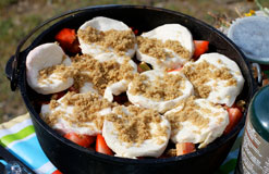 Dutch oven strawberry rhubarb cobbler with brown sugar biscuits